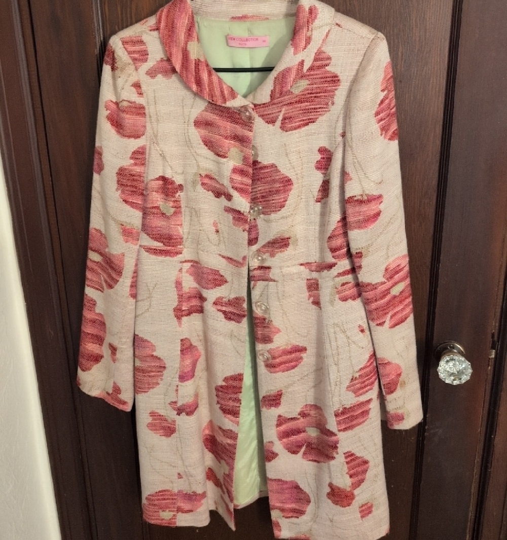 Cream Trench Coat with Pink Floral Jacquard Preppy Size 8 - Picture 3 of 6
